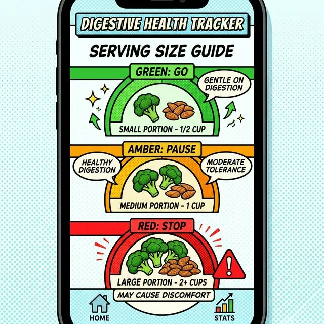 Portion size changes matter more than most people think. An app-style visual showing how portion sizes can shift one food from green to amber to red in the traffic-light system.