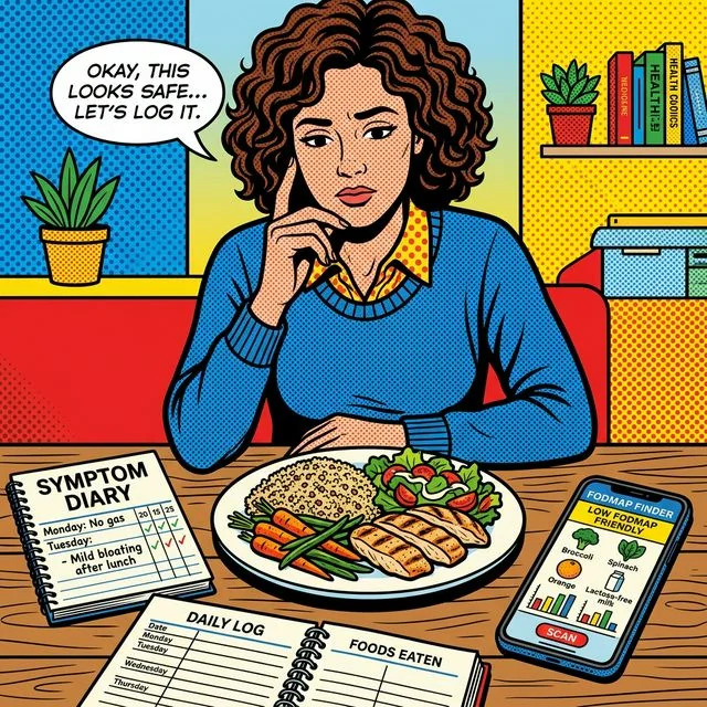 A safe-looking meal can still become a mystery flare when portions and timing pile up. A low-FODMAP meal on a table beside a symptom notebook and phone app, showing how a meal can look safe but still trigger symptoms.