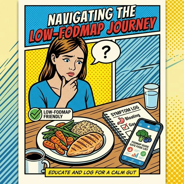 A safe-looking meal can still become a mystery flare when portions and timing pile up. A low-FODMAP meal on a table beside a symptom notebook and phone app, showing how a meal can look safe but still trigger symptoms.