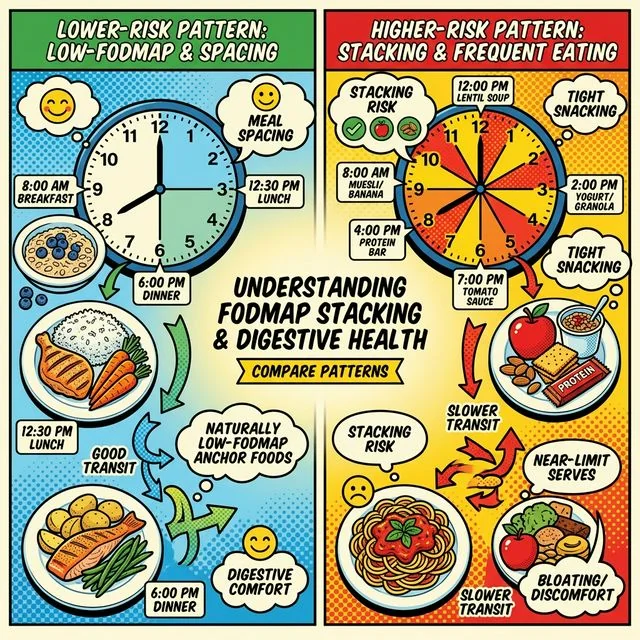 Compare the whole eating pattern, not just one ingredient. A side-by-side comparison of a lower-risk low-FODMAP meal pattern and a higher-risk stacking pattern showing spacing, portions, and food combinations.