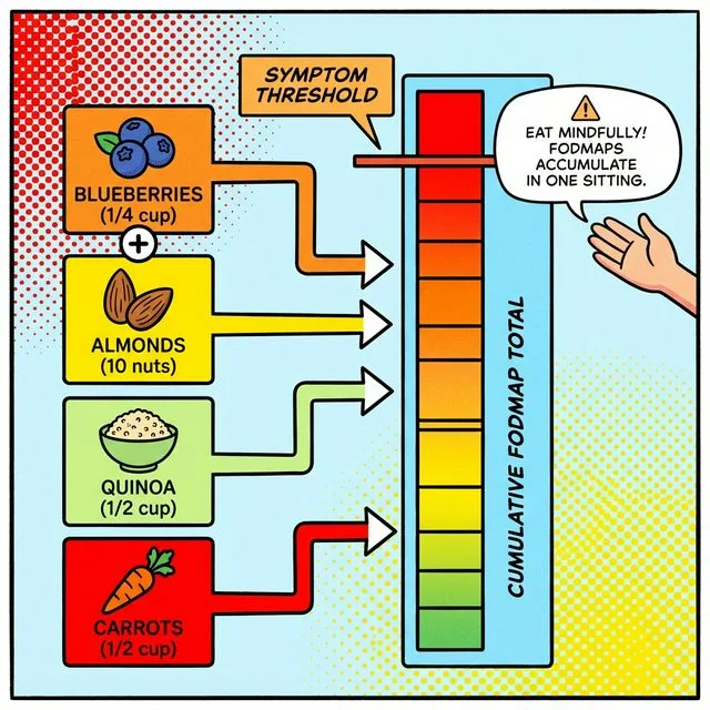 Several green-light foods can still add up in one sitting. A diagram showing how several green-light foods can still raise the total FODMAP load in one sitting and push it closer to a symptom threshold.
