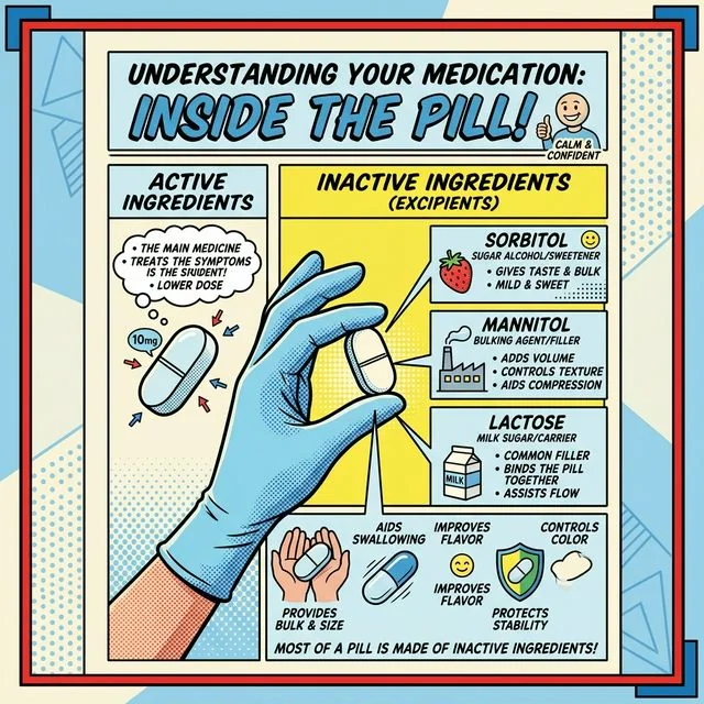 When a medicine is involved, the inactive ingredient list is often the most useful place to look. A medicine label mockup highlighting where inactive ingredients such as sorbitol or lactose may appear.