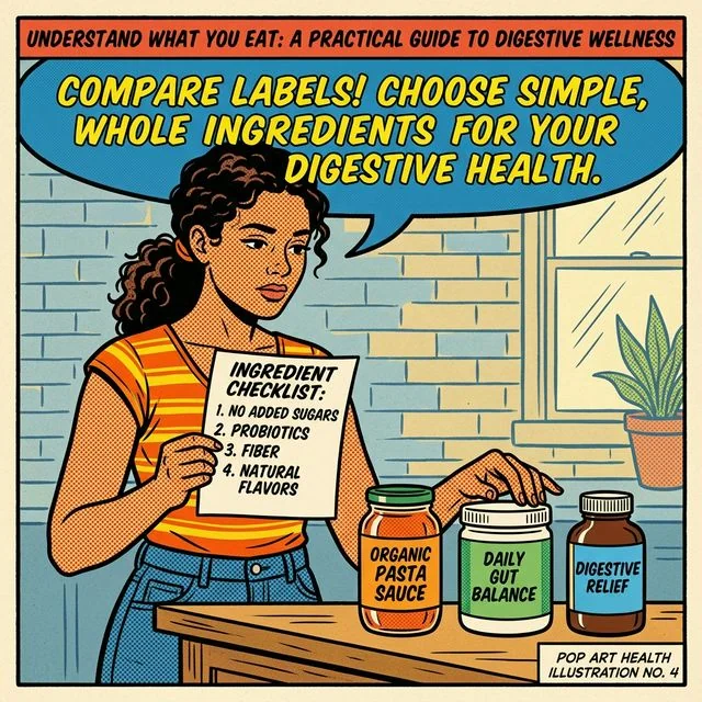 Sometimes the real trigger is hiding in the jar, tub, or bottle you barely thought about. A person comparing a sauce jar, supplement tub, and medicine bottle with a simple ingredient checklist beside them.