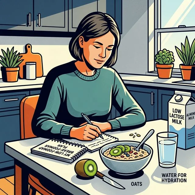 Low FODMAP works better for IBS-C when the plan supports bowel movement, not just restriction. An adult building a constipation-friendly low-FODMAP breakfast with oats, kiwi, water, and a simple meal plan on the table.