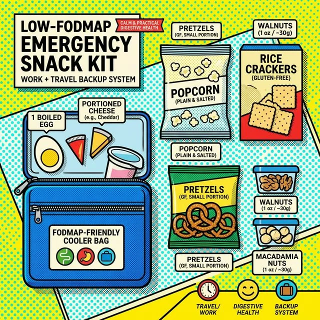 One backup kit can prevent a last-minute food gamble. Flat lay of a simple low-FODMAP emergency snack kit with popcorn, rice crackers, nuts, fruit, and a cooler pack.