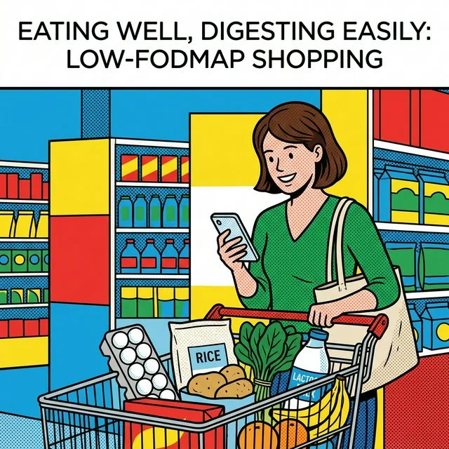 A simple low-FODMAP grocery trip starts with a short list, not a perfect cart. A shopper in a grocery aisle comparing a simple low-FODMAP checklist on a phone with fresh foods and basic pantry staples in the cart, showing how this beginner grocery guide keeps the first shopping trip simple.