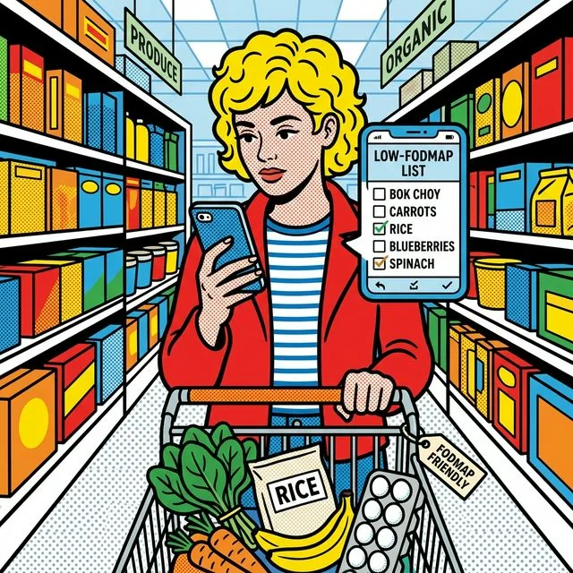 A simple low-FODMAP grocery trip starts with a short list, not a perfect cart. A shopper in a grocery aisle comparing a simple low-FODMAP checklist on a phone with fresh foods and basic pantry staples in the cart, showing how this beginner grocery guide keeps the first shopping trip simple.