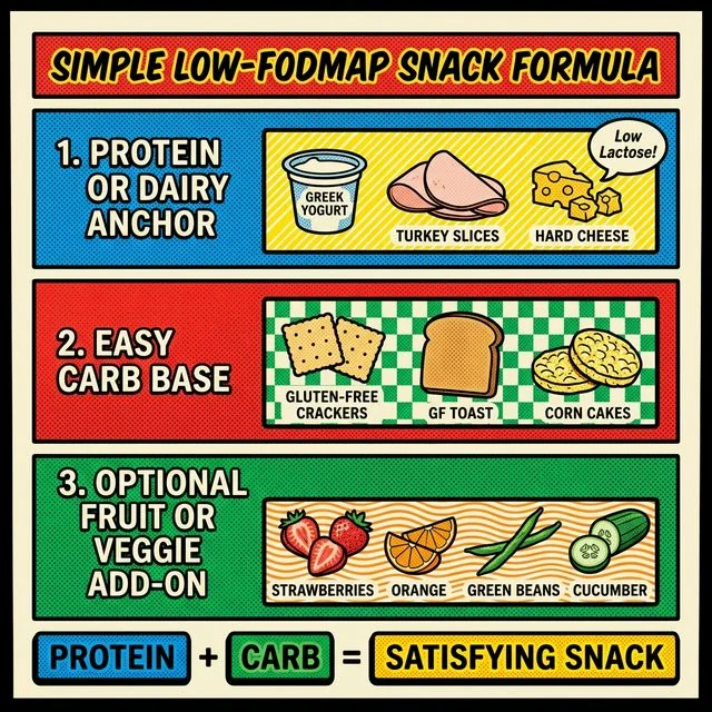 Build snacks that feel more like a mini meal. A simple visual formula showing how to build a low-FODMAP snack from protein, a simple carb, and an optional fruit or produce add-on.