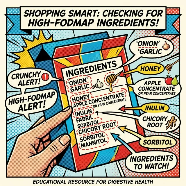 The plain option is usually the safer busy-day option. Packaged snack label with common low-FODMAP trigger ingredients highlighted, including onion, garlic, honey, inulin, fruit concentrates, and polyols.