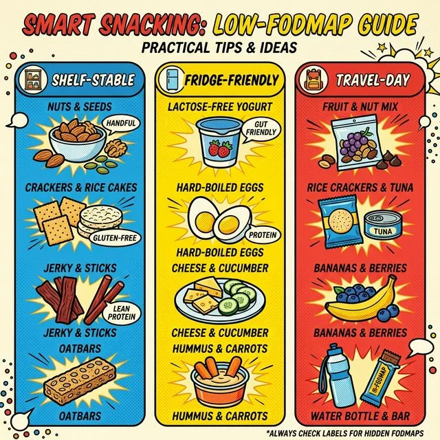 Choose snacks by storage type, not by guesswork. Visual comparison of shelf-stable, fridge-friendly, and travel-friendly low-FODMAP snack options.