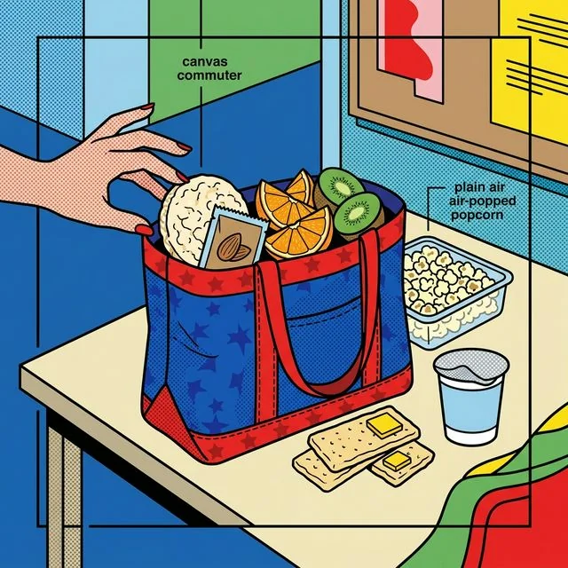 Portable low-FODMAP snacks work better when you can pack them on autopilot. A set of portable low-FODMAP snacks arranged for a busy day, including rice cakes, popcorn, cheese, fruit, and a work bag.