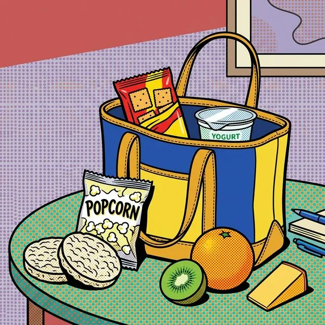 Portable low-FODMAP snacks work better when you can pack them on autopilot. A set of portable low-FODMAP snacks arranged for a busy day, including rice cakes, popcorn, cheese, fruit, and a work bag.