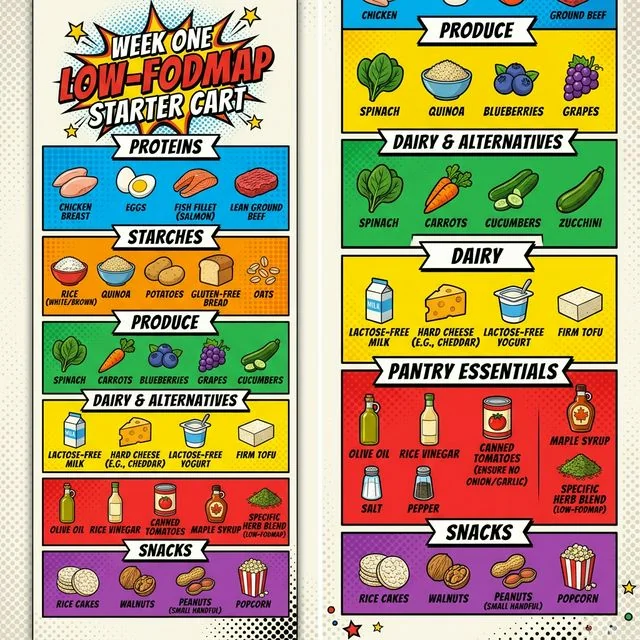 Start with six simple categories, not a giant master list. A visual checklist shows the core week-one low-FODMAP grocery cart grouped by proteins, starches, produce, dairy, pantry, and snacks for beginner meal planning.