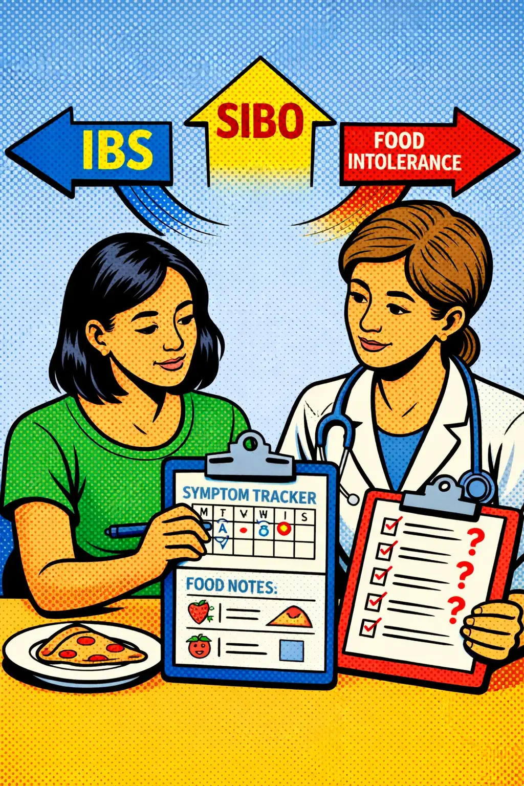 A better appointment starts with a clearer pattern, not a stronger guess. Patient and clinician reviewing symptom patterns and testing questions related to IBS, SIBO, and food intolerance.