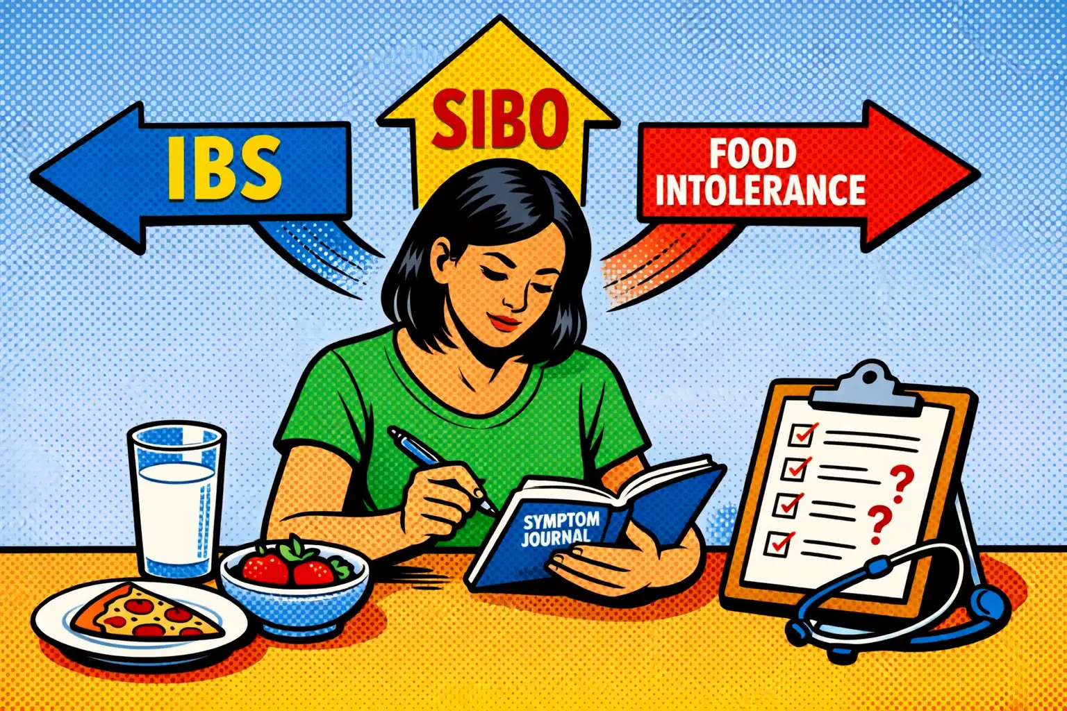 The same bloating pattern can point in very different directions depending on the bigger context. Person comparing symptom notes, food triggers, and test questions while trying to sort out IBS, SIBO, and food intolerance.