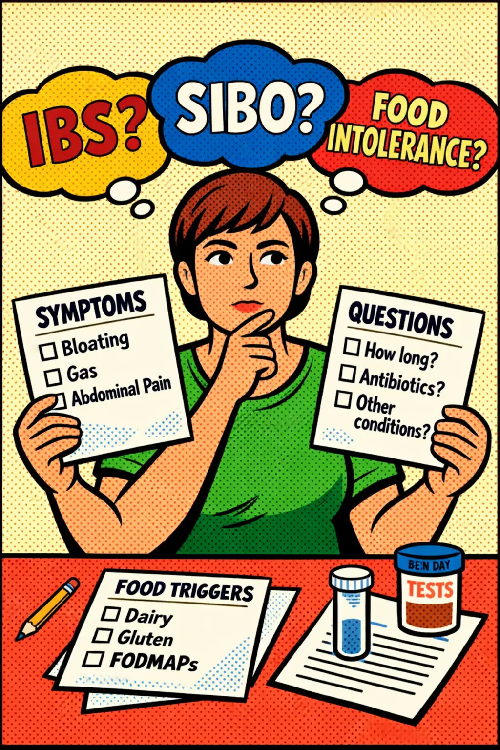 The same bloating pattern can point in very different directions depending on the bigger context. Person comparing symptom notes, food triggers, and test questions while trying to sort out IBS, SIBO, and food intolerance.